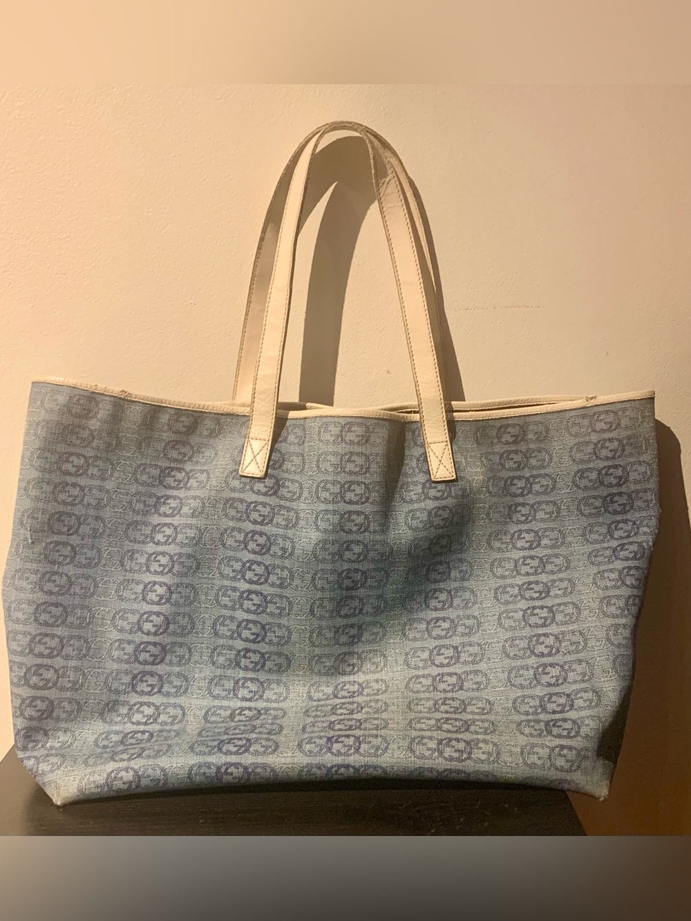 Authentic Gucci denim interlocking GG leather Abbey Joy tote